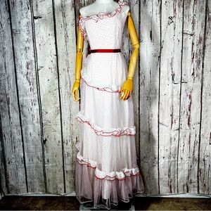 Vintage Polka Dot Layered Ruffled Chiffon One Shoulder Ball Gown Dress MEDIUM
